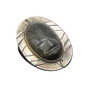 Broche de plata de ley 925 con ónix negro tallado vintage, BP7684
