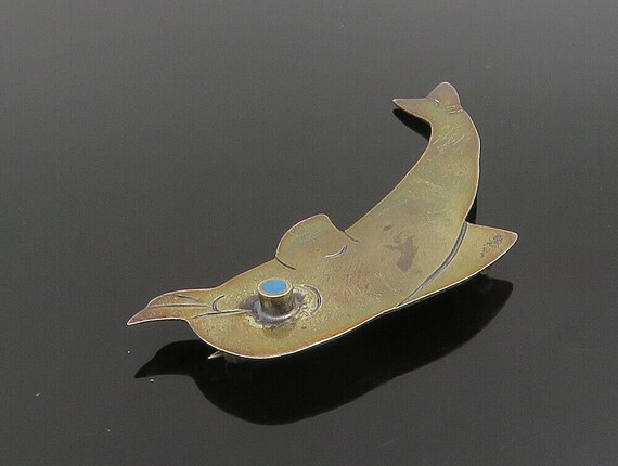 925 Silver - Vintage Carved Dolphin With Turquois… - image 4