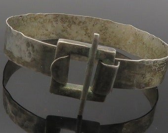 925 Sterling Silver - Vintage Dark Tone Square Buckle Bangle Bracelet - BT5436