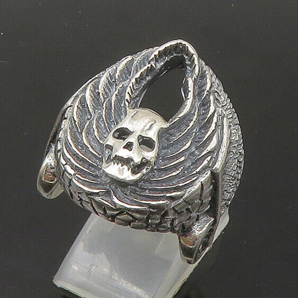 925 Sterling Silver - Vintage Shiny Heavy Winged Skull Biker Ring Sz 9 - RG22490