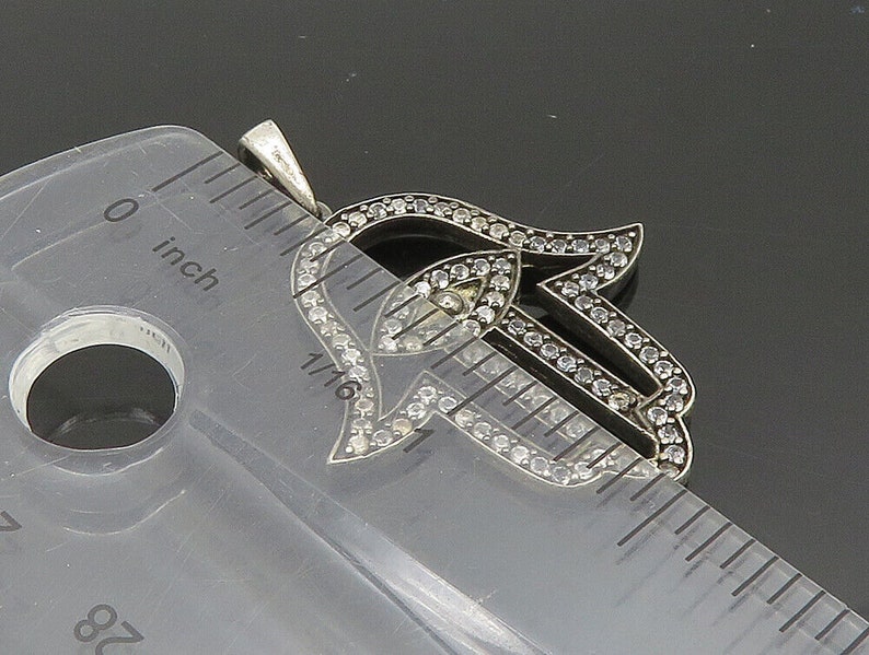 925 Sterling Silver Vintage Hamsa Hand White Topaz Pendant PT20101 image 2