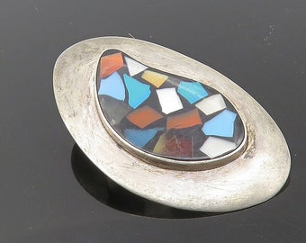 ISRAEL 925 Sterling Silver - Vintage Mother Of Pearl Mosaic Brooch Pin - BP4273