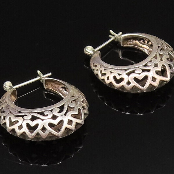 925 Sterling Silver - Vintage Openwork Scroll Love Hearts Hoop Earrings- EG11969