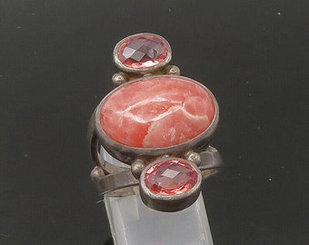 SAJEN 925 Silver - Vintage Rhodochrosite & Pink Topaz Band Ring Sz 8 - RG22549