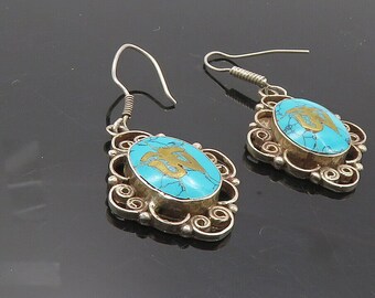 925 Sterling Silver - Vintage Turquoise Om Spiritual Symbol Earrings - EG5115