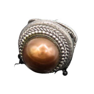 925 Sterling Silver Vintage Golden Pearl Dome Cocktail Ring Sz 6.5 RG19768