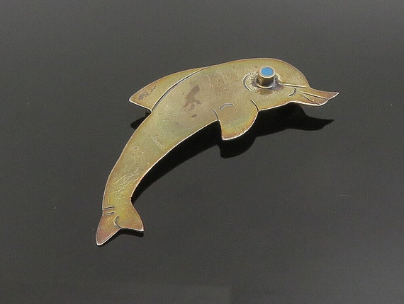 925 Silver - Vintage Carved Dolphin With Turquois… - image 3