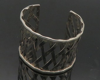 MEXICO 925 Sterling Silver - Vintage Shiny Open Weaved Cuff Bracelet - BT7137