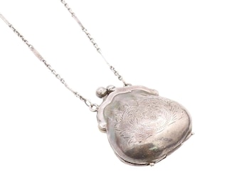 925 Sterling Silver Vintage Necklace Dark Tone Etched Clutch Purse NE4568