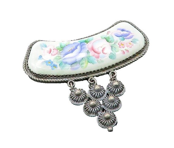 925 Sterling Silver Vintage Enamel Floral Art Twist Border Brooch