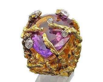 14K GOLD Vintage 2 Carat Diamonds & Purple Stone Brutalist Ring Sz 9 GR155