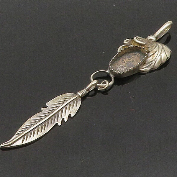 H. SPENCER NAVAJO 925 Silver - Vintage Floral Leaf Feather Pendant - PT16496