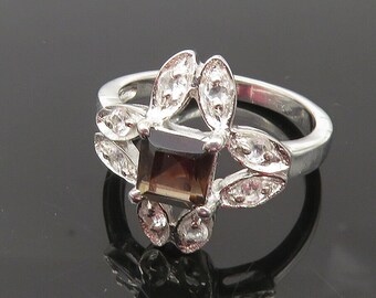 925 Sterling Silver - Smoky Topaz Flower Motif Cocktail Ring Sz 8 - RG10250