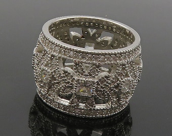 925 Sterling Silver - Sparkling Cubic Zirconia Floral Band Ring Sz 7 - RG16355