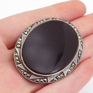925 Sterling Silver Vintage Black Onyx & Marcasite Oval Brooch Pin BP1941