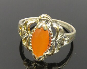 925 Sterling Silver - Cat's Eye Carnelian Open Floral Band Ring Sz 7 - RG10541