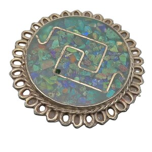 MEXICO 925 Sterling Silver Vintage Crushed Turquoise Round Brooch Pin BP4720