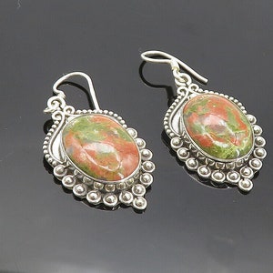 925 Sterling Silver - Vintage Cabochon Cut Unakite Shiny Drop Earrings - EG3474