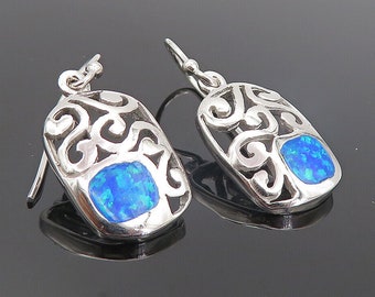 925 Sterling Silver - Inlaid Fire Opal Open Swirl Shiny Dangle Earrings - EG3088