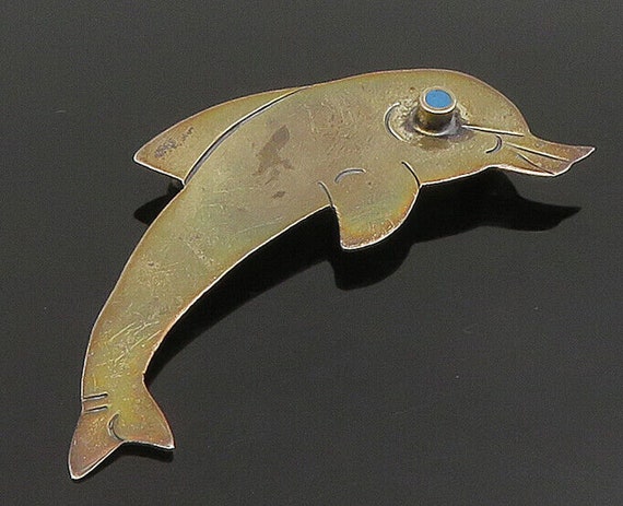 925 Silver - Vintage Carved Dolphin With Turquois… - image 1