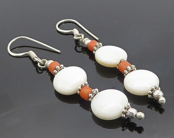 925 Sterling Silver - Vintage Mother Of Pearl & Coral Dangle Earrings - EG3279