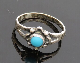 NAVAJO 925 Sterling Silver - Vintage Turquoise Floral Band Ring Sz 7 - RG19990