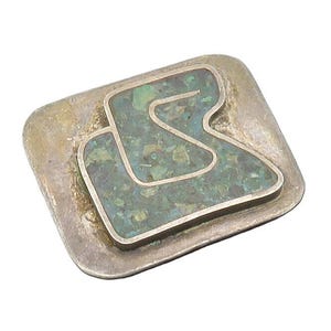 925 Sterling Silver Vintage Inlaid Turquoise Square Brooch Pin BP7886