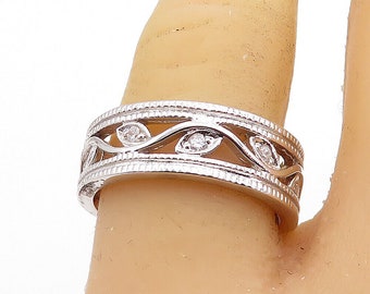 925 Sterling Silver - White Topaz Floral Leaf Vine Shiny Band Ring Sz 8 - RG7275