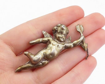 925 Sterling Silver - Vintage Antique Dark Tone Baby Angel Brooch Pin - BP2441