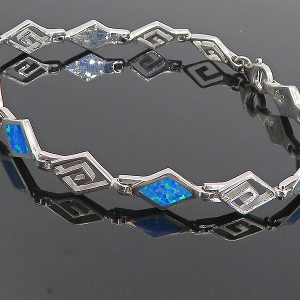 925 Sterling Silver - Blue Fire Opal Diamond Shape Spiral Chain Bracelet- BT3699