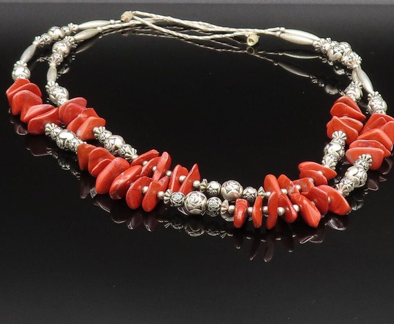 925 Silver - Vintage Engraved Bead Ball & Coral L… - image 2