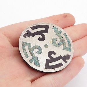 Broche vintage con incrustaciones de turquesa y ónix en plata 925 de Taxco México BP1352