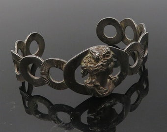 Plata de ley 925 - Brazalete con cara de mujer oxidada antigua vintage - BT4044