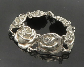 925 Sterling Silver - Vintage Antique Rose Flower Link Chain Bracelet - BT7821