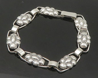 JOHN L DENMARK 925 Silber - Vintage Glänzendes Blumen Motiv Kettenarmband - BT8741