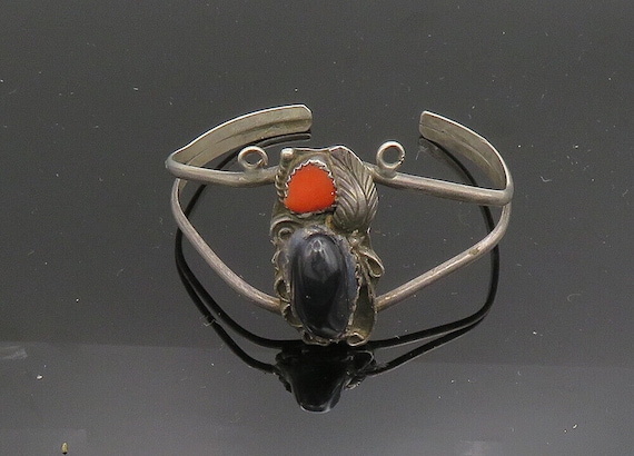 NAVAJO 925 Silver - Vintage Black Onyx & Coral Fl… - image 2