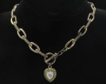 925 Silver - Vintage Mother Of Pearl & Marcasite Heart Chain Necklace - NE1699