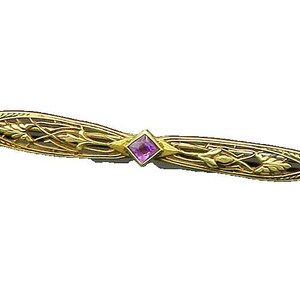 14K GOLD Vintage Antique Amethyst Floral Leaf Motif Bar Brooch Pin GB045
