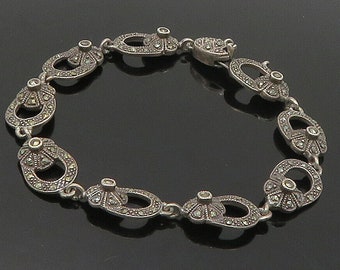925 Sterling Silver - Vintage Marcasite Floral Link Chain Bracelet - BT6607