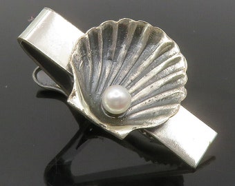 925 Sterling Silver - Vintage Petite Pearl Clam Shell Motif Tie Clip - TR1991