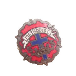925 Sterling Silver Vintage Brooch Pin Blue Red Enameled Antique Logo BP10720