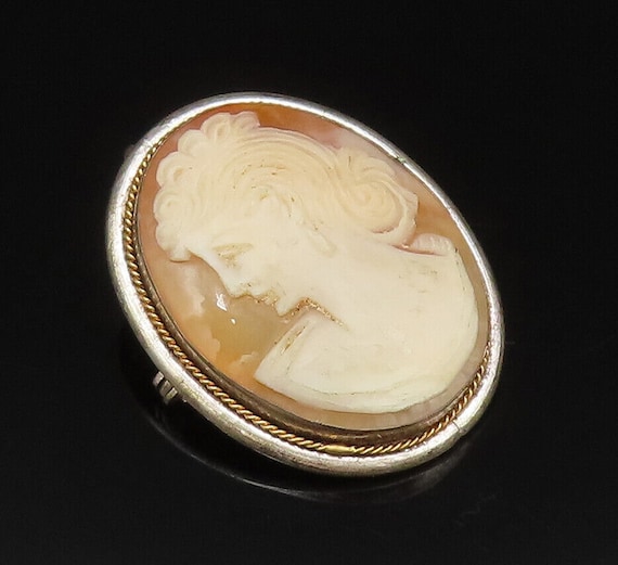 925 Silver - Vintage Antique Carved Shell Woman C… - image 1