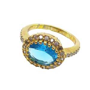 925 Sterling Silver Vintage Blue Topaz Gold Plated Band Ring Sz 6 RG19694