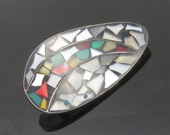 ISRAEL 925 Sterling Silver - Vintage Mother Of Pearl Mosaic Brooch Pin - BP7057