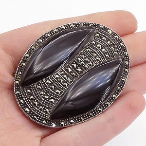 925 Sterling Silver Vintage Black Onyx & Marcasite Oval Brooch Pin BP2709