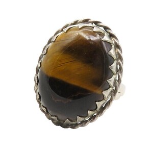 925 Sterling Silver Vintage Tiger&#39;s Eye Serrated Cocktail Ring Sz 9 RG12590
