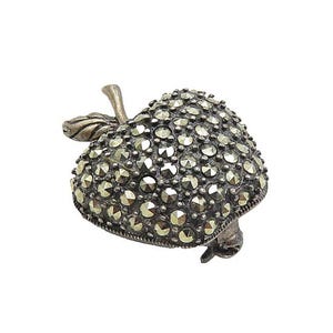 925 Sterling Silver Vintage Sparkling Marcasite Apple Brooch Pin BP3362