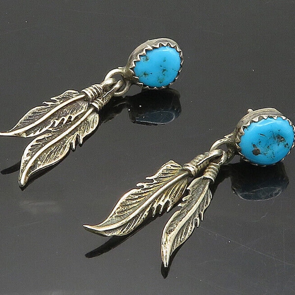 NAVAJO Argent sterling 925 - Boucles d'oreilles pendantes vintage plumes turquoise - EG9299