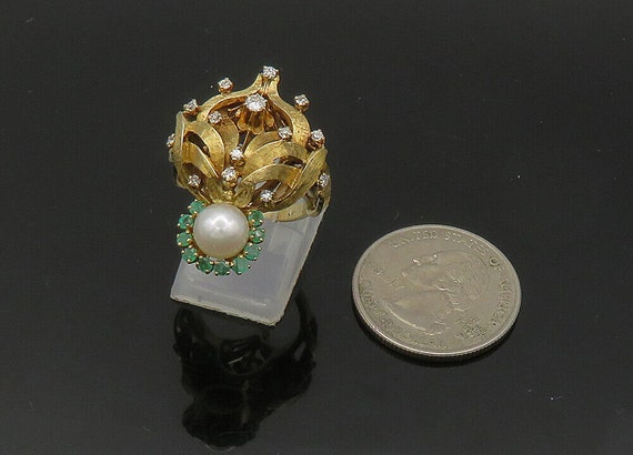 14K GOLD - Vintage Genuine Diamonds Pearl & Emera… - image 2