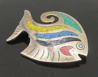 MEXICO 925 Silver - Vintage Turquoise and Coral & Enamel Fish Brooch Pin - BP9254